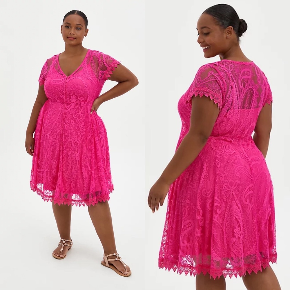 NWT TORRID 1 1X pink lace button front skater dress